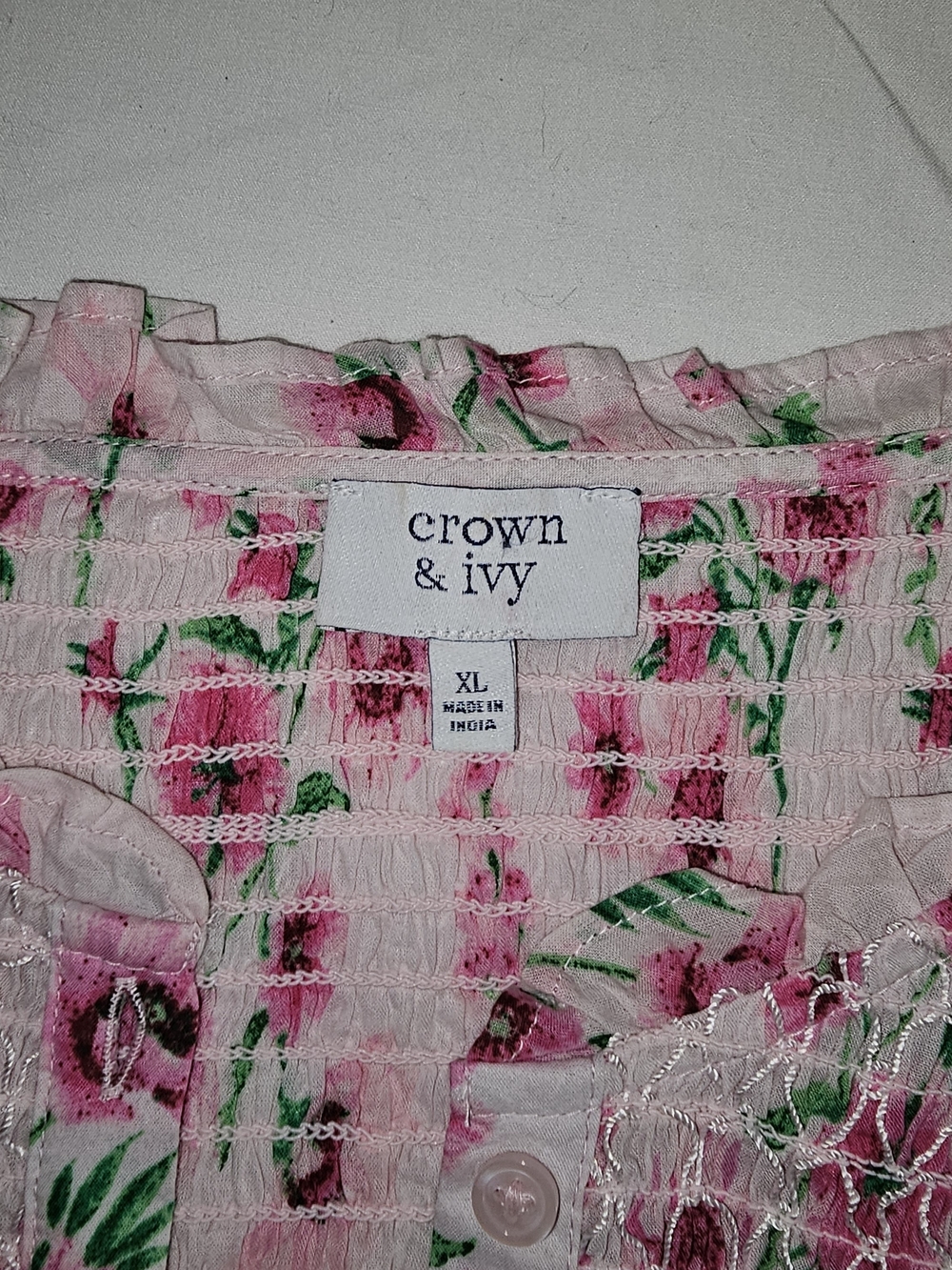 Crown & Ivy Pink Floral Smocked Yoke Button-Front Blouse - Picture 3 of 3